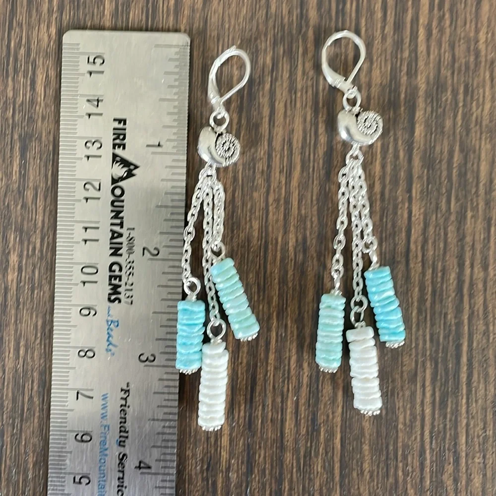 HAND CRAFTED BEACHY TASSEL EARRINGS Aqua and White Shell Rondelles